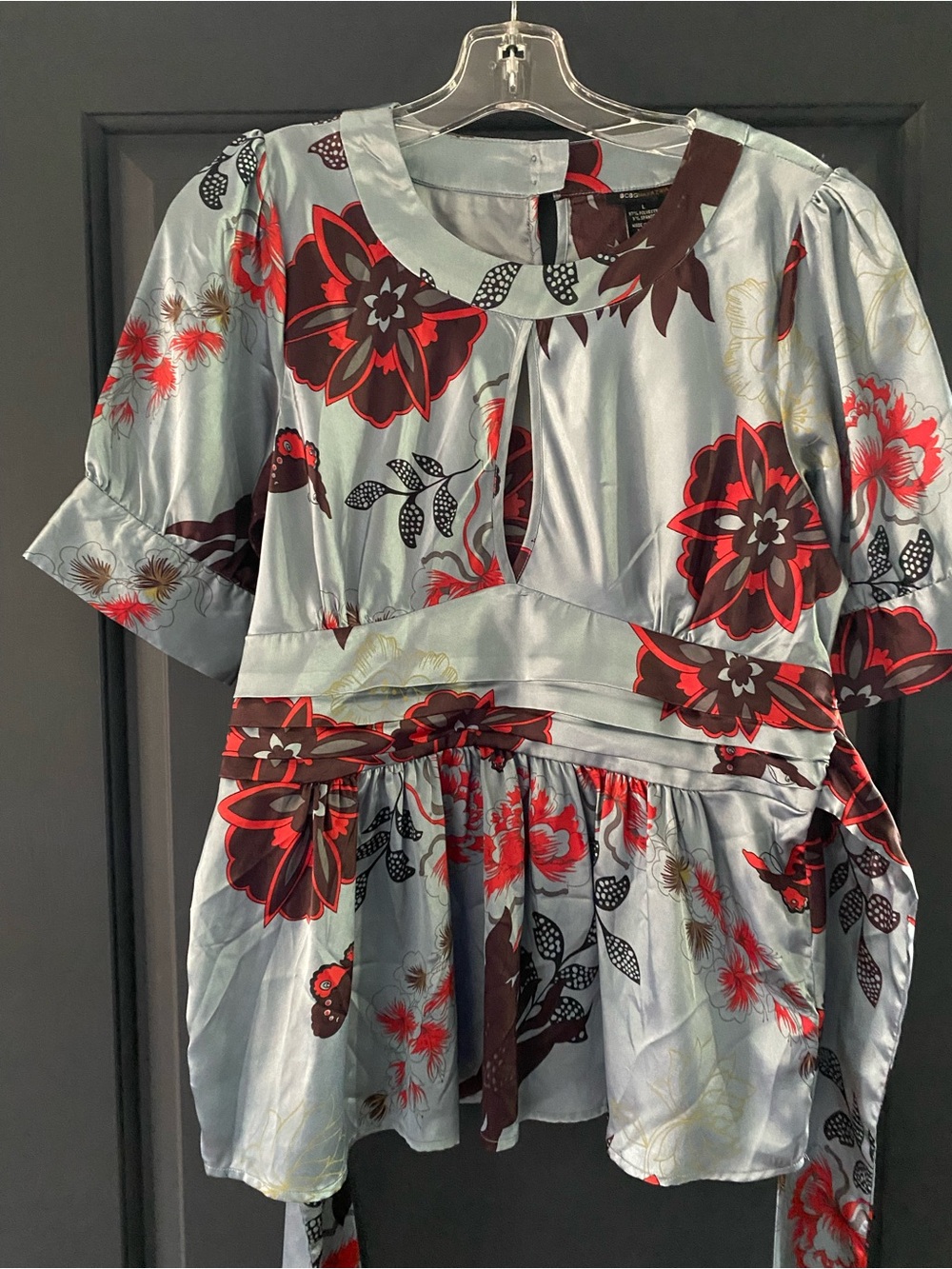 BCBG Floral Tie-Waist Top in Light Blue and Red